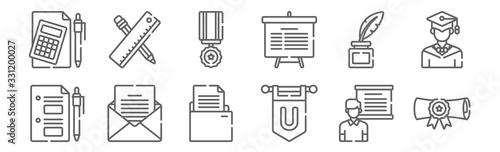 set of 12 university icons. outline thin line icons such as certificate, flag, mail, ink bottle, medal, ruler