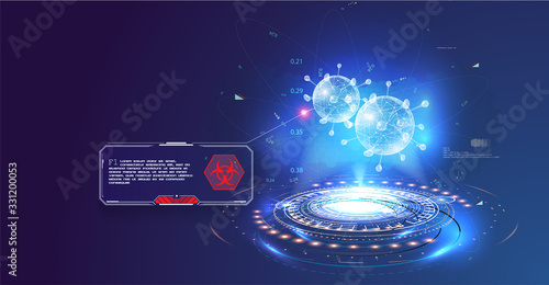 Bacteria, dangerous virus 3D projection on a blue futuristic background. Hologram of Covid-19, Coronavirus bacteria on a blue futuristic background. Deadly type of virus Covid-19.Warning, danger frame