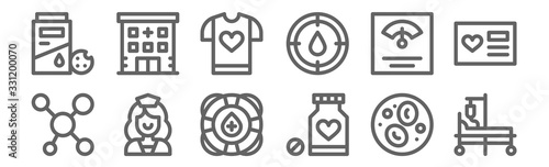 set of 12 blood donation icons. outline thin line icons such as hospital bed, medicine, nurse, weight, t shirt, hospital