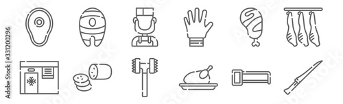 set of 12 butcher icons. outline thin line icons such as fillet, chicken, salami, chop, butcher, fish