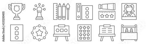 set of 12 education icons. outline thin line icons such as pencil case, star, medal, pencil case, school material, chess