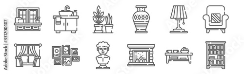 set of 12 home decoration icons. outline thin line icons such as bookshelf, fireplace, frames, lamp, plants, sink