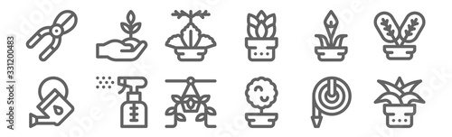set of 12 house plants icons. outline thin line icons such as aloe vera, myrtus, spray, lily, kalanchoe, sprout