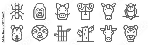 set of 12 wildlife icons. outline thin line icons such as tiger, cactus, sloth, horse, boar, gorilla photo