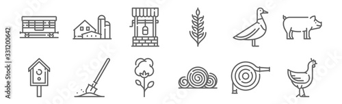 set of 12 agriculture icons. outline thin line icons such as chicken, hay bale, shovel, duck, well, farm