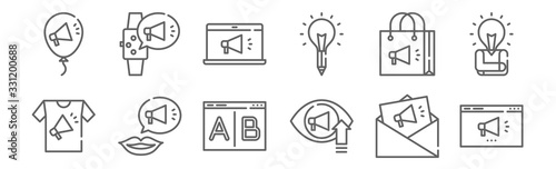 set of 12 advertisement icons. outline thin line icons such as website, growth, word, shopping bag, laptop, smartwatch