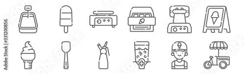 set of 12 ice cream shop icons. outline thin line icons such as stand, dispenser, scoop, waffle iron, crepe maker, popsicle