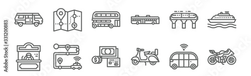 set of 12 public transport icons. outline thin line icons such as motorbike, scooter, gps, monorail, double decker bus, map