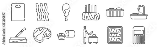 set of 12 butcher icons. outline thin line icons such as meat claw, butcher, sirloin steak, meat, chicken, bacon strips