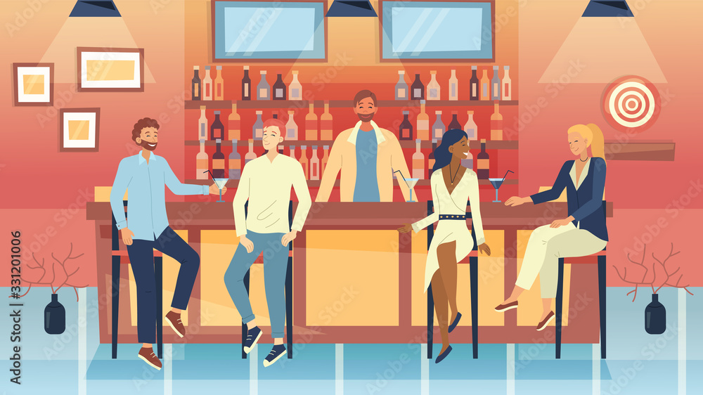 Concept Of Meetings In A Bar. Group Of People Have A Good Time Communicating At A Bar Counter. Male And Female Characters Are Talking, Drinking Alcohol Cocktails. Cartoon Flat Vector Illustration Concept Of Meetings In A Bar. Group Of People Have A Good Time Communicating At A Bar Counter. Male And Female Characters Are Talking, Drinking Alcohol Cocktails. Cartoon Flat Vector Illustration