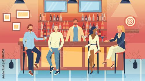 Concept Of Meetings In A Bar. Group Of People Have A Good Time Communicating At A Bar Counter. Male And Female Characters Are Talking, Drinking Alcohol Cocktails. Cartoon Flat Vector Illustration