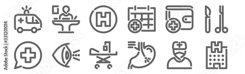 set of 12 hospital icons. outline thin line icons such as hospital, endoscopy, ophthalmology, wallet, hospital, reception