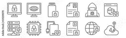 set of 12 data protection icons. outline thin line icons such as phishing, data protection, protection, hacker, disk, spying
