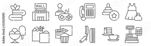 set of 12 mall icons. outline thin line icons such as cashbox, shave, food, toy, recreational, mall