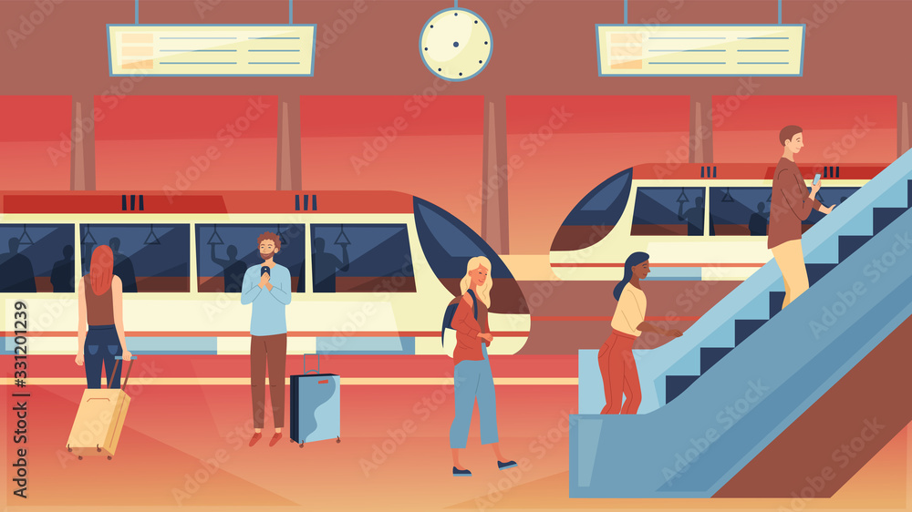 Public Transport Concept. Subway Interior With People, Train and Moving Staircase. Station With Metro Train Underground Platform and People Riding Escalator. Cartoon Flat Style. Vector Illustration