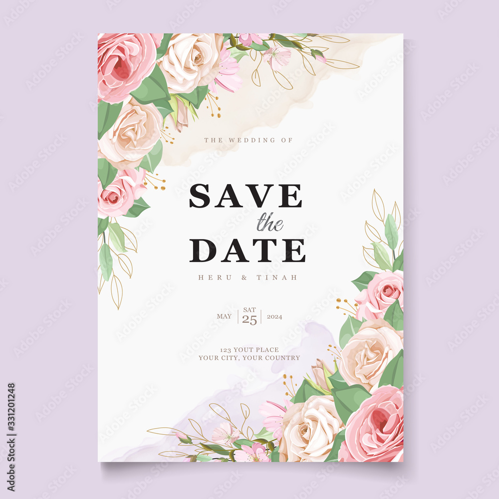 Wedding invitation and menu template with beautiful leaves