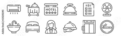 set of 12 hotel icons. outline thin line icons such as smoking area, tray, bed, price list, , room service