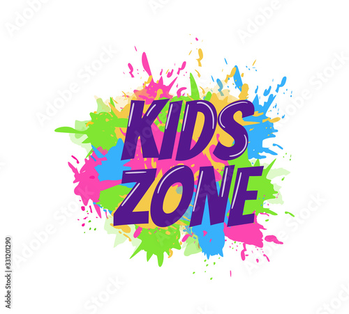 Kids zone entertainment childish banner label sticker badge logo. Cartoon colorful logo for children's playroom decoration, fun play, kids zone vector illustration