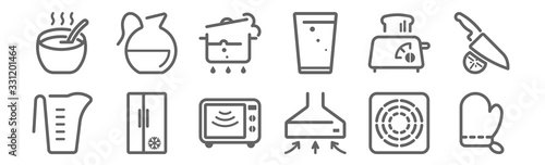 set of 12 kitchen and cooking icons. outline thin line icons such as mitten, extractor hood, refrigerator, toaster, pot, pitcher