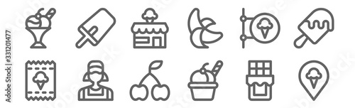 set of 12 ice cream shop icons. outline thin line icons such as pin, ice cream, clerk, shop, shop, popsicle