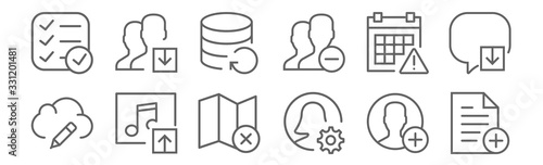 set of 12 interaction set icons. outline thin line icons such as file, user, music player, calendar, database, user
