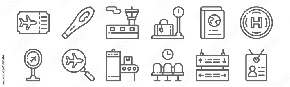 set of 12 airport icons. outline thin line icons such as id card, waiting room, search, passport, control tower, metal detector - obrazy, fototapety, plakaty 