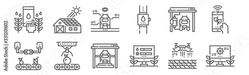 set of 12 smart farm icons. outline thin line icons such as farming, farming, conveyor, milking, milking, smart farm