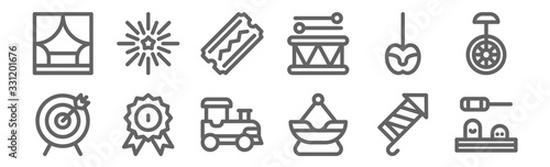set of 12 fair icons. outline thin line icons such as mole, fair, reward, caramel apple, ticket, fireworks