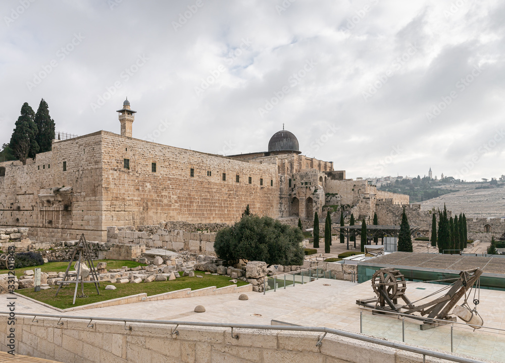 View to the corner of the Temple Mount, Al Aqsa Mosque and the Minaret over the Islamic Museum in the Old Town of Jerusalem in Israel