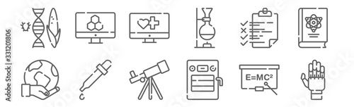 set of 12 bioengineering icons. outline thin line icons such as prosthetics, incubator, dropper, project, medical, computer