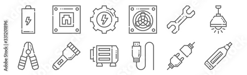 set of 12 electrician tools and icons. outline thin line icons such as voltage, usb, flashlight, wrench, gear, socket