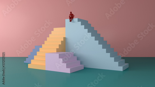 Light Ladder and goal target the business idea concept on light green pastel color wall background with shadow and reflection 3D rendering.3d man running to the target on top of the stairs .