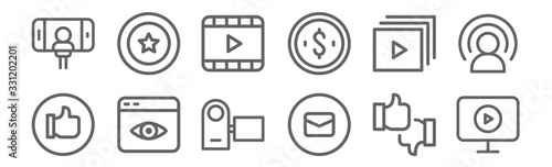 set of 12 influencer icons. outline thin line icons such as video tutorial, message, views, playlist, video, fame