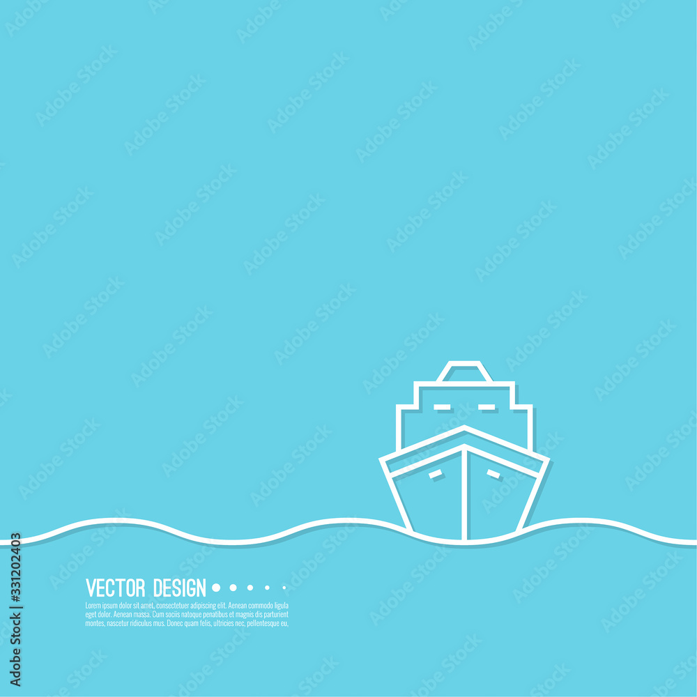 Front view illustration of dry cargo ship sailing in the sea. Transport ship vector icon on blue background.