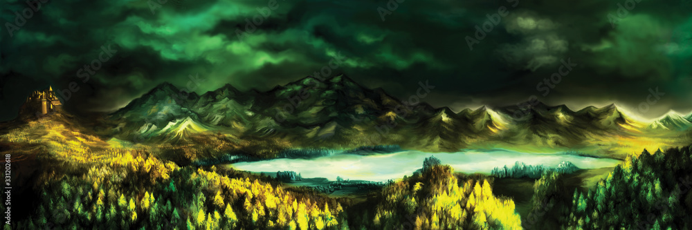 Plakat Medieval fantasy landscape banner/ Atmospheric view with a lake, castle, forest, mountains, skies. Digital painting