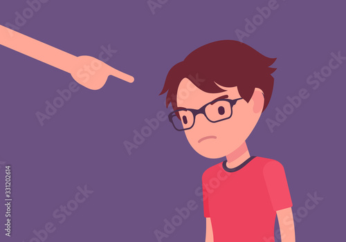 Punishment for boy, adult finger pointing to guilt, punish. Strict discipline strategies to control child behavior, physically or emotionally damaging method. Vector flat style cartoon illustration