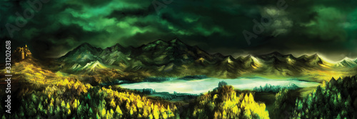 Medieval fantasy landscape banner/ Atmospheric view with a lake, castle, forest, mountains, skies. Digital painting