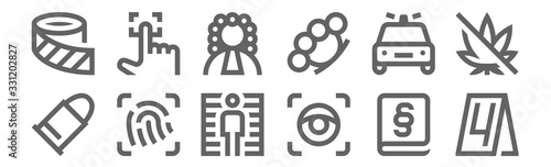 set of 12 police icons. outline thin line icons such as nameplate, eye scanner, fingerprint scan, police car, judge, fingerprint scanner