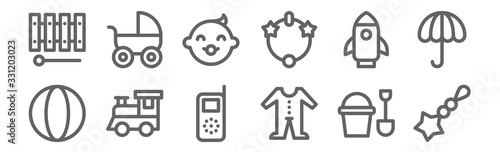 set of 12 baby icons. outline thin line icons such as rattle, pijama, train, rocket, baby, trolley