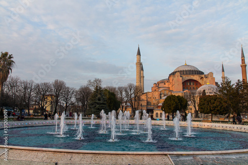 View of Hagia Sophia. Historic Temple in the center of Istanbul at sunset. Turkey