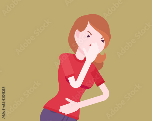 Sick woman suffering with bad virus attack, symptoms of fever, coughing. Pandemic outbreak of infection, pneumonia shortness of breath and immune system problem. Vector flat style cartoon illustration