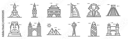 set of 12 world landmarks icons. outline thin line icons such as tower bridge, space needle, petronas twin tower, great sphinx of giza, forbidden city, big ben