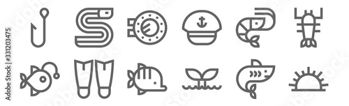 set of 12 sea life icons. outline thin line icons such as sea urchin, whale, fins, shrimp, porthole, eel photo