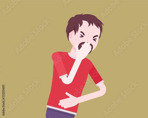 Sick man suffering with bad virus attack, fever, coughing symptoms. Pandemic outbreak of infection, pneumonia shortness of breath and immune system problem. Vector flat style cartoon illustration