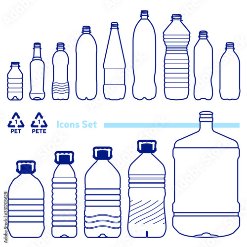 Recycling code 1 (PET - Polyethylene terephthalate) outline icons set. Empty clear plastic bottles on white background. 
