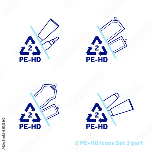 Recycling code 2 (PET - Polyethylene terephthalate) outline icons set. Empty clear plastic bottles on white background. 