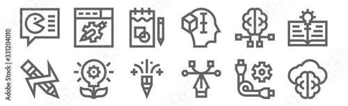 set of 12 design thinking icons. outline thin line icons such as cloud, , process, processor, sketchbook, prototype