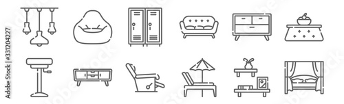 set of 12 furnitures icons. outline thin line icons such as canopy bed, beach chair, tv stand, drawer, school locker, bean bag photo