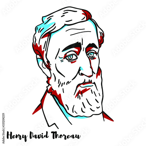 Henry David Thoreau engraved vector portrait with ink contours. American essayist, poet, and philosopher. A leading transcendentalist, Thoreau is best known for his book Walden.