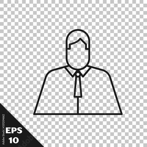 Black line Lawyer, attorney, jurist icon isolated on transparent background. Jurisprudence, law or court icon. Vector Illustration